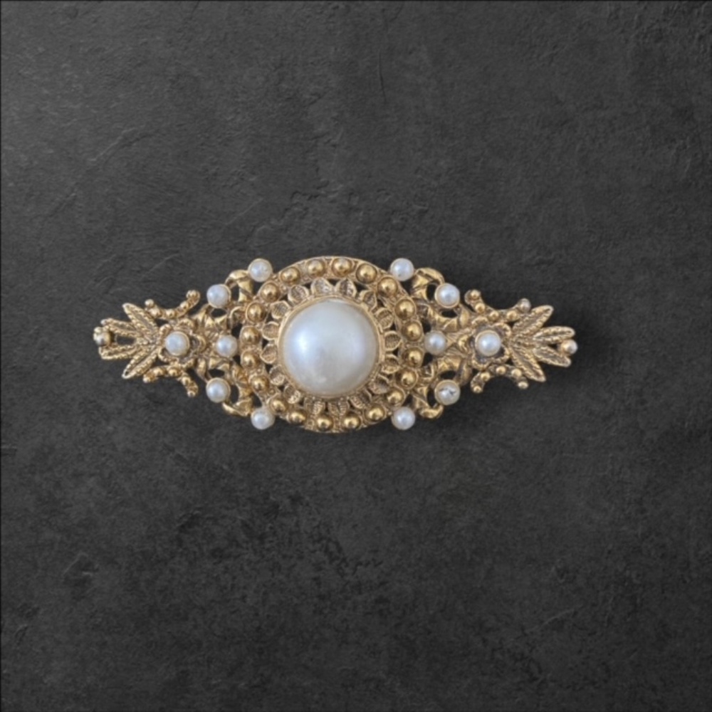 Vintage Victorian Style Gold Tone Filigree with Seed Pearls Bar Brooch Pin